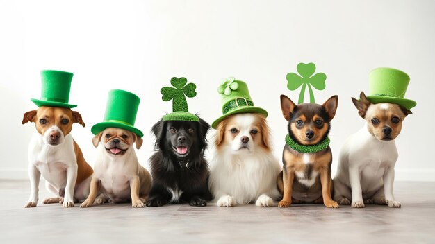 Photo row of domestic dogs wearing green saint patrick day hats
