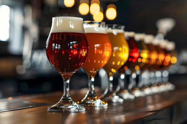 Photo row of draft beer glasses on bar counter blurred bar background concept bar photography beer glasses blurred background drinks concept