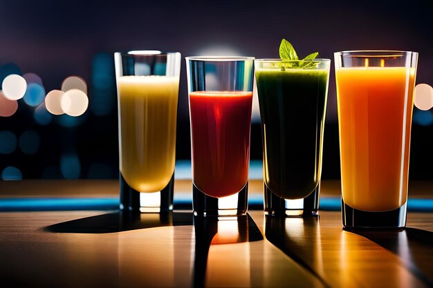 a row of drinks with different colors of juices on a table.