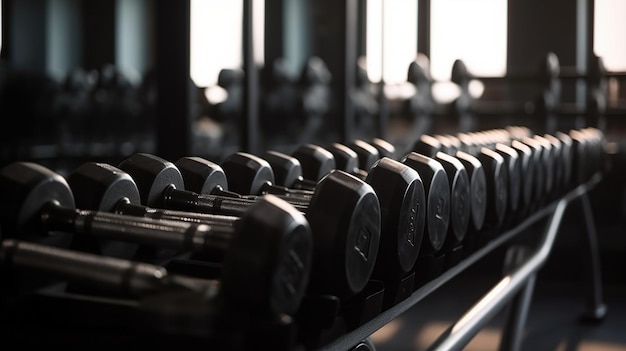 A row of dumbbells are on a rack in a gym.