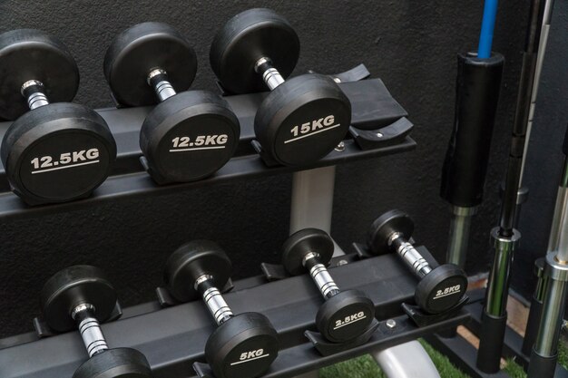 Row of dumbbells in a modern gym