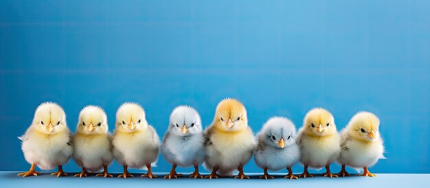 Row of easter chicken decorations on blue background