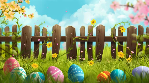 Row of Easter eggs on grass with a white background