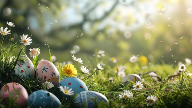 Row of Easter eggs on grass with a white background