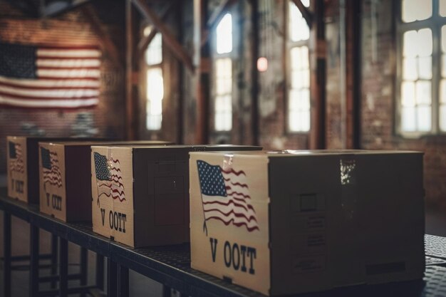 Photo a row of election ballot boxes with american flag behind usa presidential voting