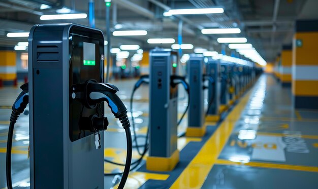 A row of electric car charging stations are lined up in a parking lot Generative AI