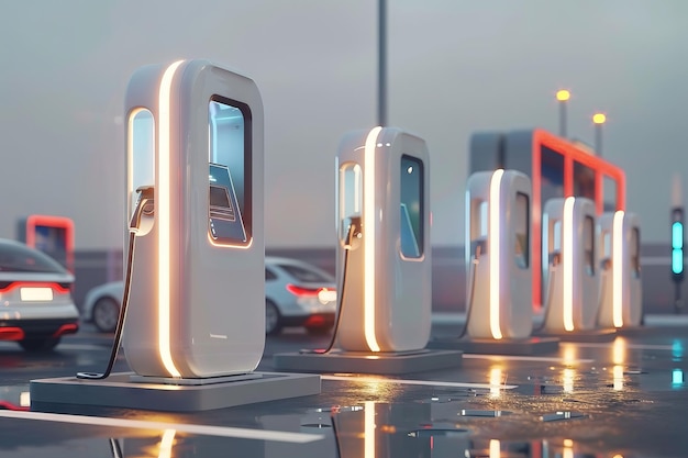 A row of electric car charging stations with a car in the foreground Generative AI