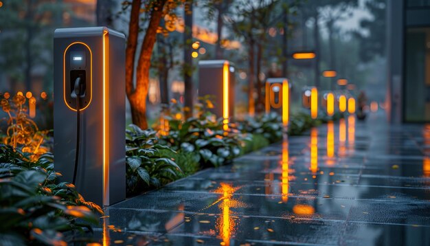 Foto una fila di stazioni di ricarica elettrica è illuminata sotto la pioggia da un'immagine generata