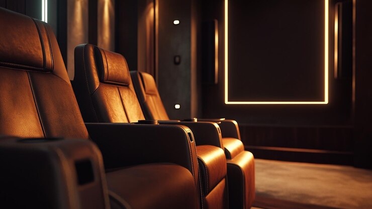 a row of empty chairs in a dark room with a large window in the background
