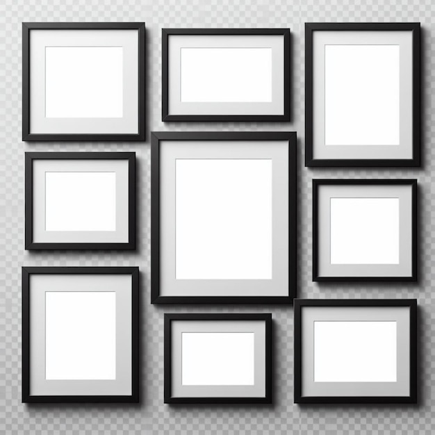 a row of empty frames on a wall with a white background