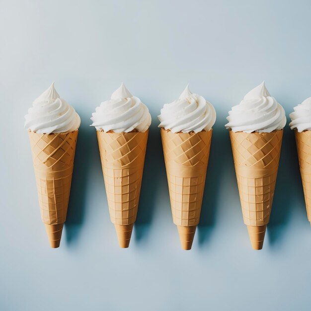 Photo row of empty ice cream cones on white background