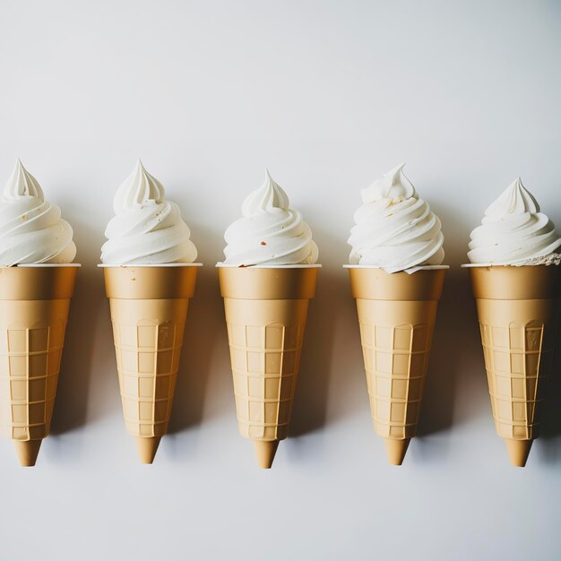 Row of empty ice cream cones on white background