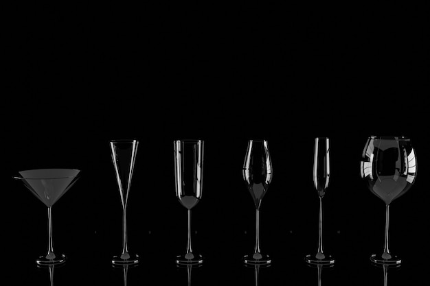 Row of empty wine glasses on black background