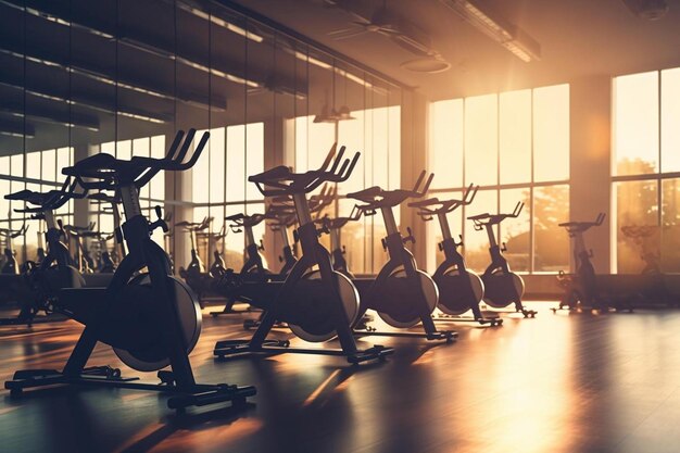 Photo a row of exercise bikes in a gym