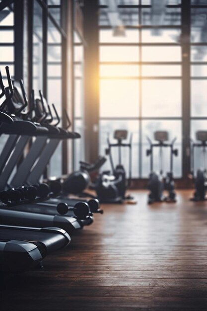 Photo a row of exercise bikes in a gym