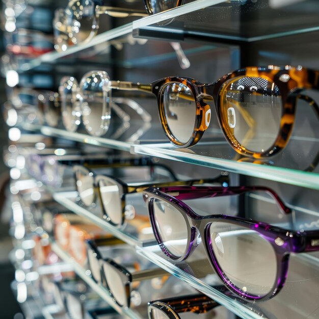 A row of eyeglasses on a shelf with some of them having yellow frames The glasses are organized by