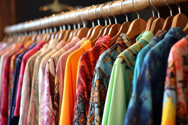 Row of fashionable clothing on hangers