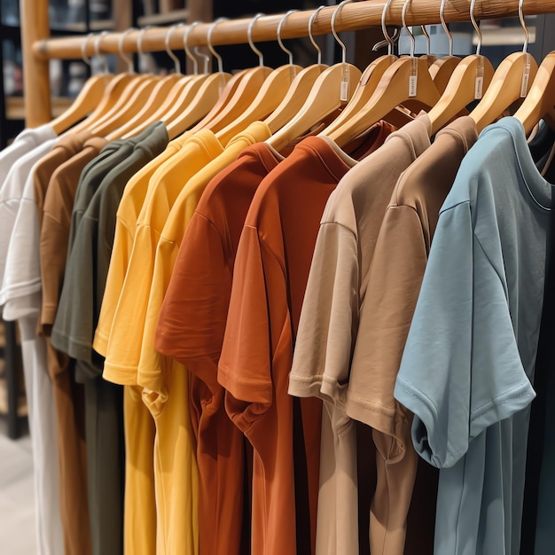 Row of fashionable polo tshirts for man on wooden hanger or rack in a clothing boutique retail shop