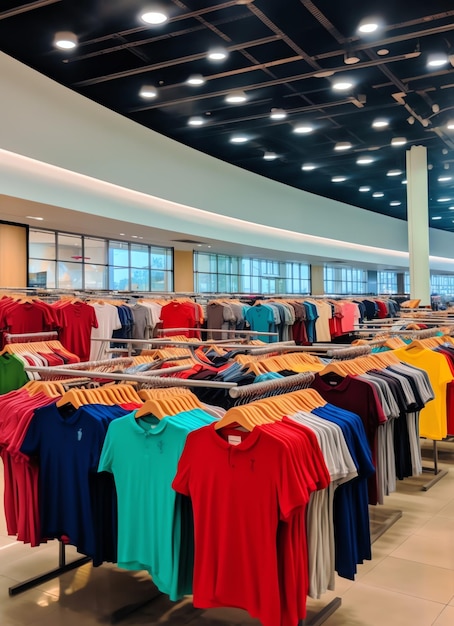 Row of fashionable polo tshirts for man on wooden hanger or rack in a clothing boutique retail shop