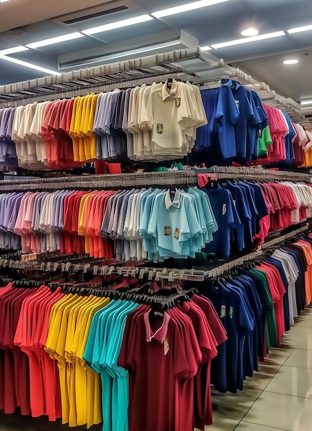 Row of fashionable polo tshirts for man on wooden hanger or rack in a clothing boutique retail shop