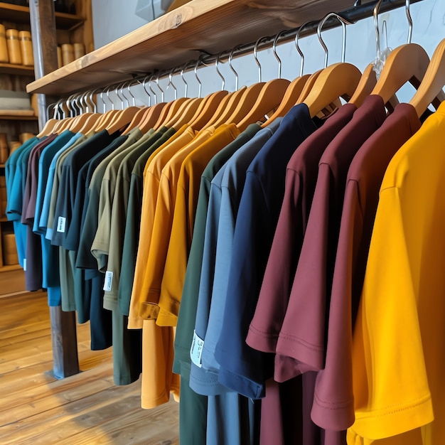 Row of fashionable polo tshirts for man on wooden hanger or rack in a clothing boutique retail shop