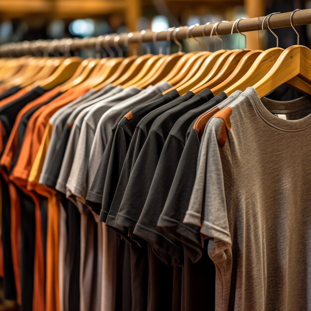 Row of fashionable polo tshirts for man on wooden hanger or rack in a clothing boutique retail shop