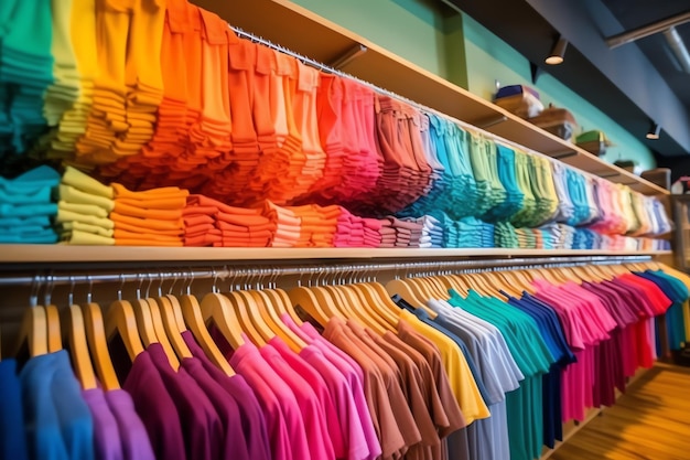 Row of fashionable polo tshirts for man on wooden hanger or rack in a clothing boutique retail shop