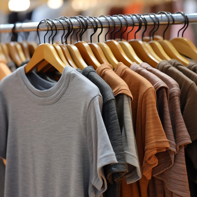 Ряд модных мужских футболок-поло на деревянной вешалке или стойке в магазине бутика одежды