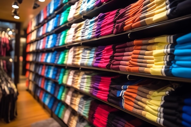 Row of fashionable polo tshirts for man on wooden hanger or rack in a clothing boutique retail shop