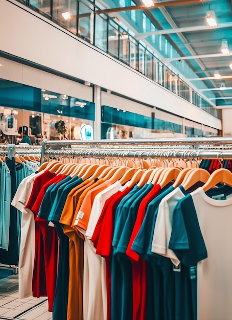 Ряд модных мужских футболок-поло на деревянной вешалке или стойке в магазине бутика одежды