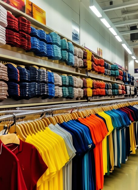 Row of fashionable polo tshirts for man on wooden hanger or rack in a clothing boutique retail shop