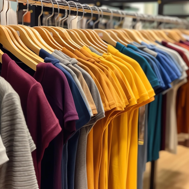 Row of fashionable polo tshirts for man on wooden hanger or rack in a clothing boutique retail shop