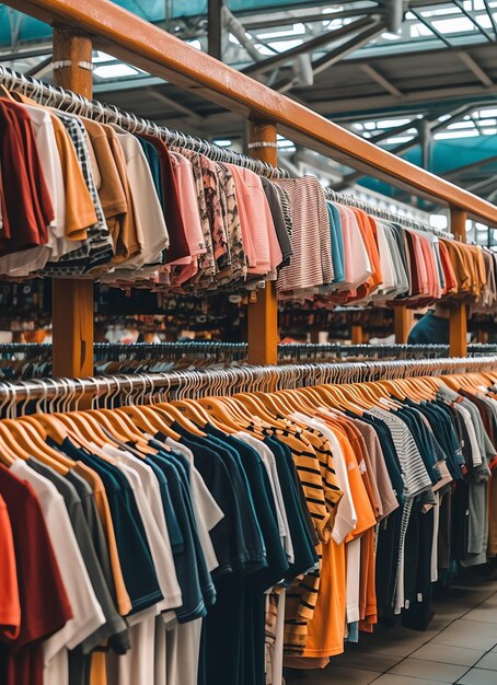 Row of fashionable polo tshirts for man on wooden hanger or rack in a clothing boutique retail shop