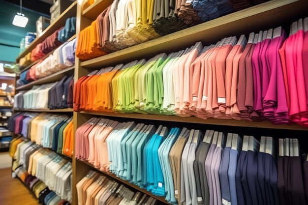 Row of fashionable polo tshirts for man on wooden hanger or rack in a clothing boutique retail shop