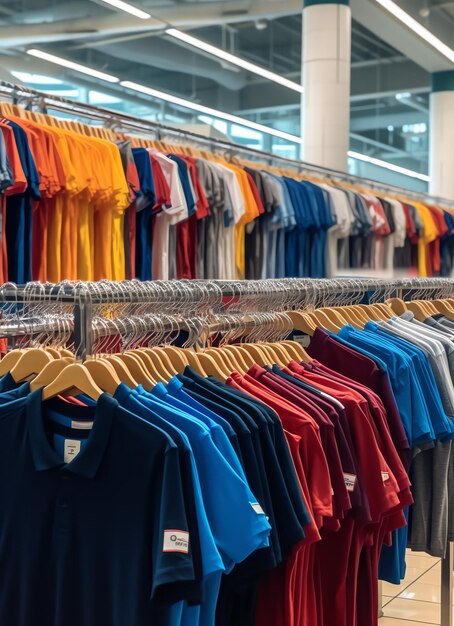 Row of fashionable polo tshirts for man on wooden hanger or rack in a clothing boutique retail shop