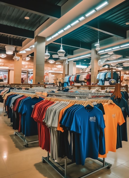 Row of fashionable polo tshirts for man on wooden hanger or rack in a clothing boutique retail shop