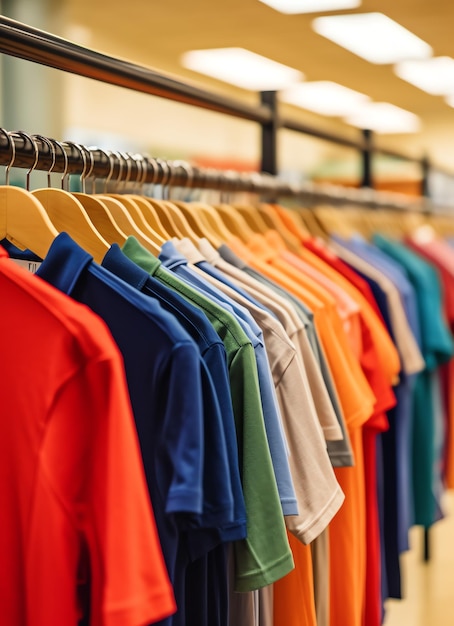 Row of fashionable polo tshirts for man on wooden hanger or rack in a clothing boutique retail shop