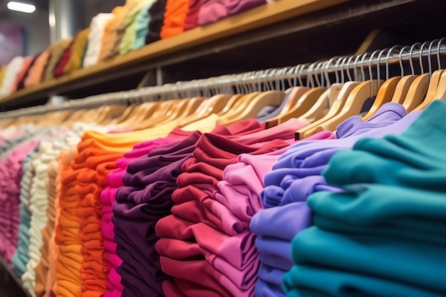 Row of fashionable polo tshirts for man on wooden hanger or rack in a clothing boutique retail shop