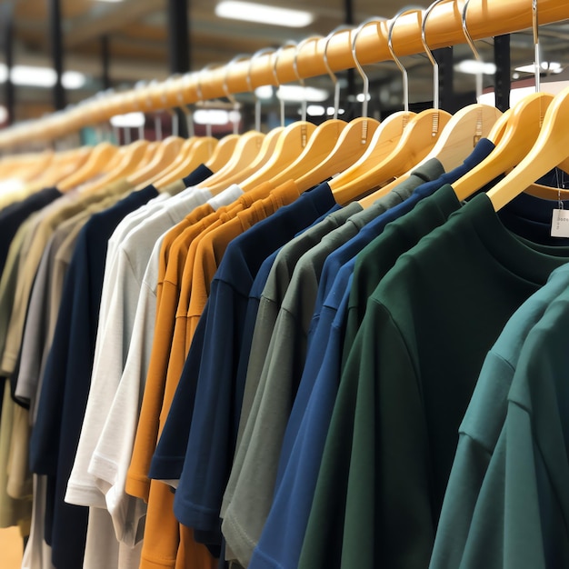 Row of fashionable polo tshirts for man on wooden hanger or rack in a clothing boutique retail shop