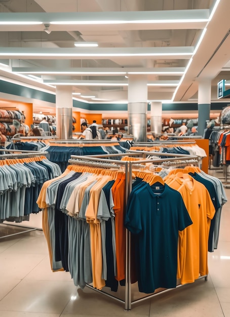 Row of fashionable polo tshirts for man on wooden hanger or rack in a clothing boutique retail shop