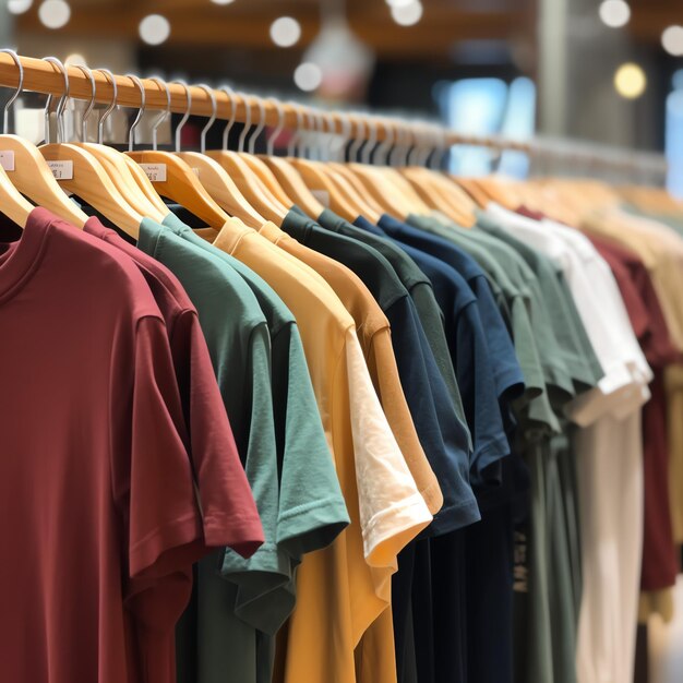 Row of fashionable polo tshirts for man on wooden hanger or rack in a clothing boutique retail shop