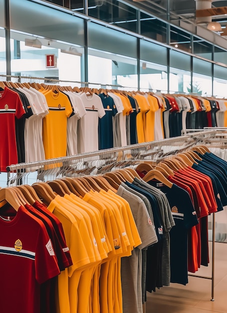 Row of fashionable polo tshirts for man on wooden hanger or rack in a clothing boutique retail shop