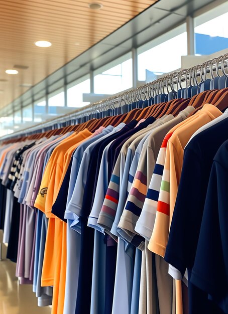 Row of fashionable polo tshirts for man on wooden hanger or rack in a clothing boutique retail shop