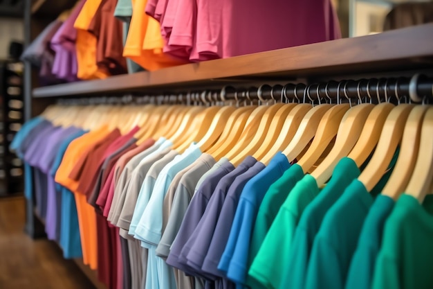 Row of fashionable polo tshirts for man on wooden hanger or rack in a clothing boutique retail shop