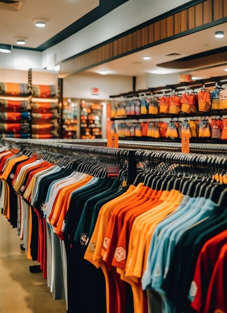 Row of fashionable polo tshirts for man on wooden hanger or rack in a clothing boutique retail shop