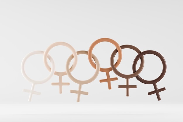Fila di simboli femminili con diverse tonalità della pelle concetto di inclusività rendering 3d