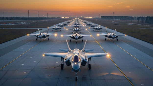 空港 の 滑走 路 に ある 戦闘 機 の 列