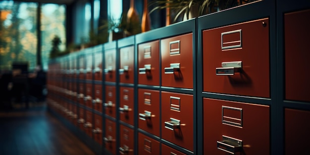 Photo row of filing cabinets in the library selective focus toned