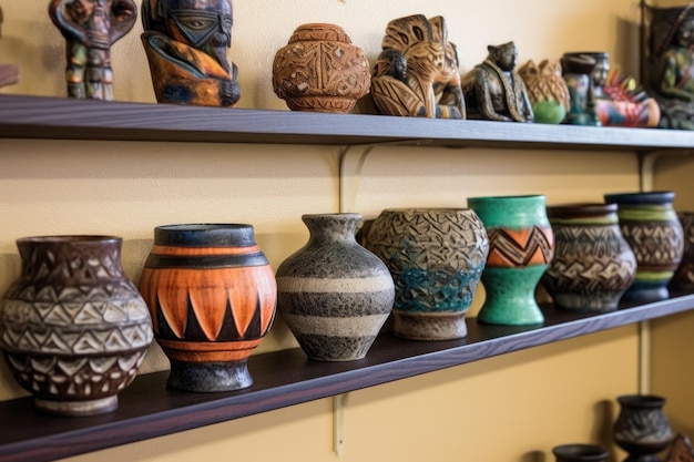 Row of finished pottery pieces displayed on shelf created with generative ai