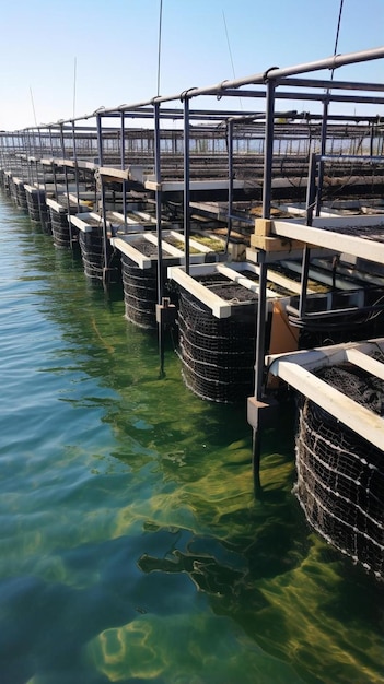 a row of fish cages sitting on top of a body of water